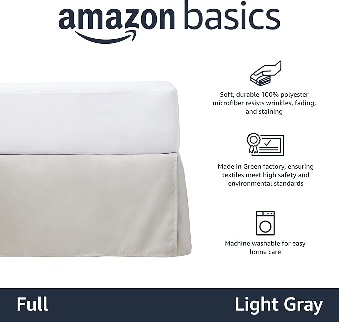 Amazon Basics Lightweight Pleated Bed Skirt, Full, Light Grey, Solid