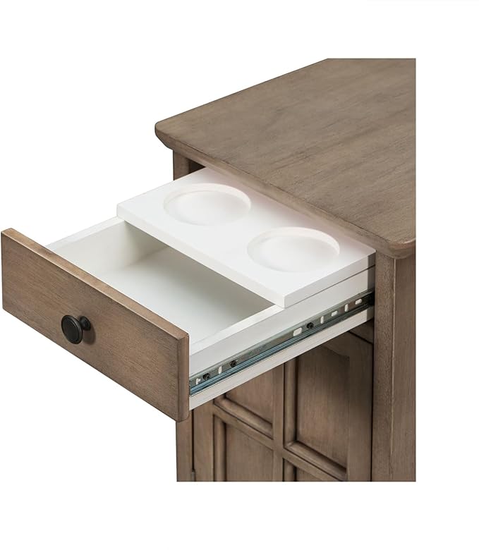 Traditional Wooden Narrow End Table with Charging Station, Modern Vintage Sofa Side Table Storage and Multifunctional Drawer, Antique Brown for Living Room, Bedroom, Office, No Assembly