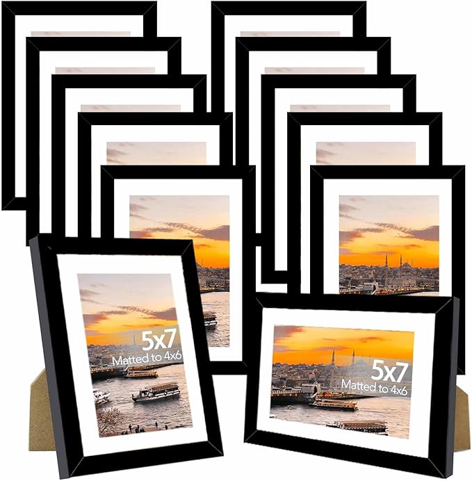 12 Packs 5x7 Picture Frames Bulk, Display 4x6 with Mat or 5x7 Without Mat, Black Gallery Frame Set, 5 by 7 Frames Bulk Set of 12, Collage Wall Decor Photo Frame Set for Wall and Tabletop, Black