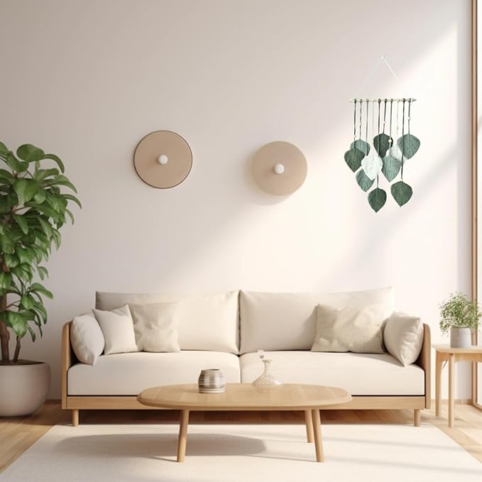 Madiffcult Macrame Wall Hanging Boho Wall Decor Woven Feather Wall Art Handmade Macrame Leaf Tapestry with Wooden Beads for Bedroom Living Room Nursery 16x27 Inch (Green)
