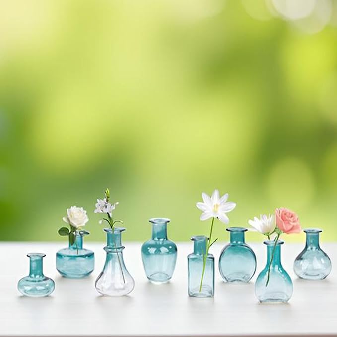 Bud Vases in Bulk Small Glass Green Vase Set of 8 Different Shape Smooth Surface Vintage Mini Tiny Vases Modern Cute for Flowers Table Wedding Decor Centerpieces Home Party Dining Room
