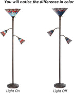 Bieye L10837 Dragonfly Tiffany Style Stained Glass Torchiere Floor Lamp with Sidelights for Reading, 70-inches Tall (Dragonfly, Red Blue)