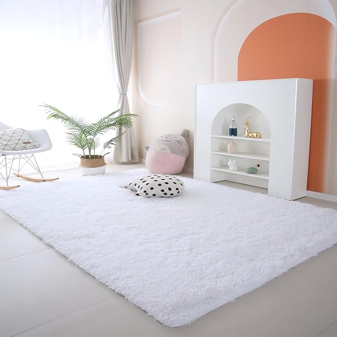 White Rug 8x10 for Living Room - Large Soft Shag Fluffy Area Rugs for Bedroom, Non-Skid Modern Fuzzy Nursery Faux Fur Carpet for Kids Dorm Room Playroom (8x10 Feet, White)