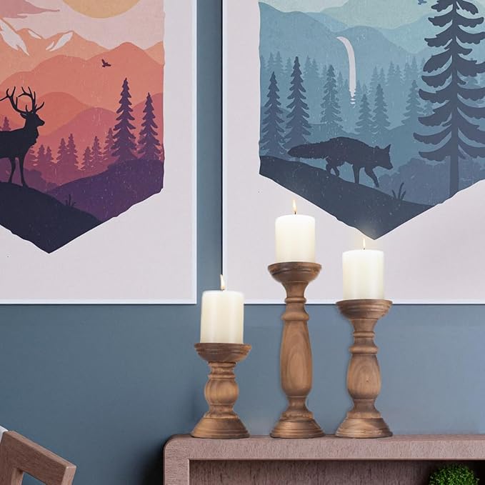 Rustic Wooden Pillar Candle Holders Set of 3, 12'' 9'' 6'' Farmhouse Wood Candle Stand for Table Centerpieces, Vintage Tall Candleholders Fireplace Mantel Decor for Living Room, Brown