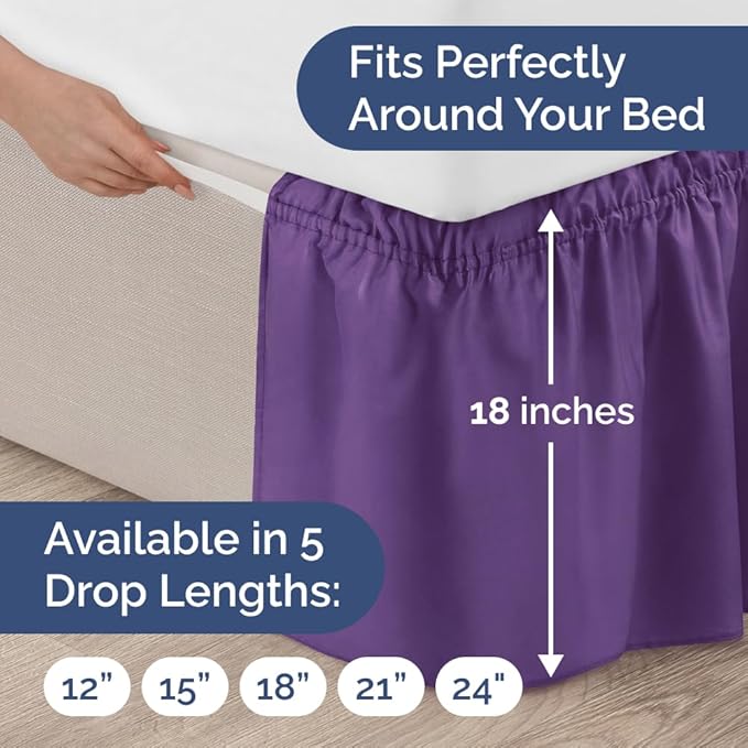 Wrap Around Dust Ruffle Bed Skirt - Purple - for King Size Beds with 18 Inch Drop - Easy Fit Elastic Strap - Adjustable Pleated Bedskirt w/Brushed Fabric - Wrinkle Free - for Women, Men, Kids & Teens