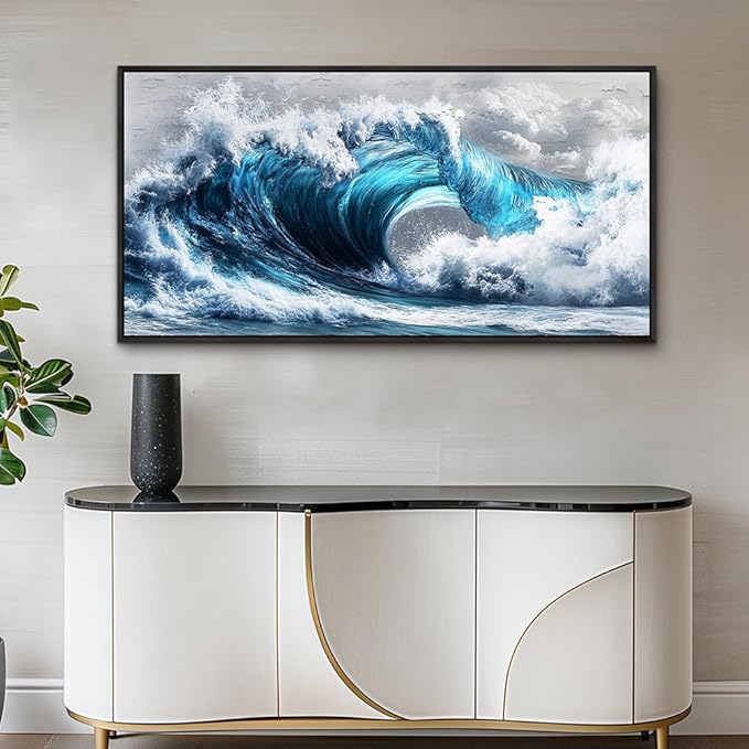 PHAOHUAXM Large Canvas Blue Wave Paintings Wall Art For Living Room Wall Decoration For Bedroom Ocean Wall Pictures Printing Office Decorations Posters Modern Home Decor Black Framed 30x60 In