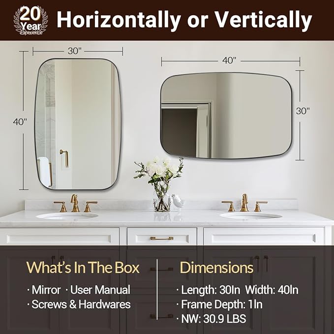 ANDY STAR 30x40” Black Bathroom Mirror, Oblong Vanity Mirror with Stainless Steel Metal Frame, Matte Black Oval Mirror for Over Sink, Modern Anti Rust Wall Mounted