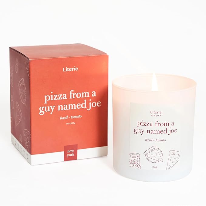 Literie NYC Inspired Scented Candle: Pizza from a Guy Named Joe - Tomato & Basil Scent, 9oz, 50 Hour Burn, Vegan Soy & Coconut Blend Candle for Home Decor, Gift for Women & Men