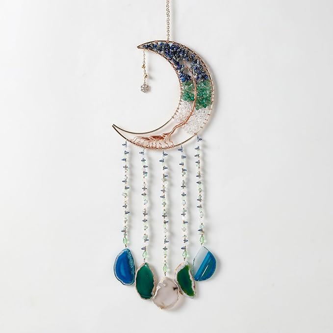 Agate Gemstone Dream Catcher 7 Chakra Tree of Life Dream Catcher with Rainbow Crystal Stones Handmade Dreamcatcher Wall Decor for Adults Boys Girls,Bedroom,Wedding,Garden,Bless Gift(Blue&Green Moon)