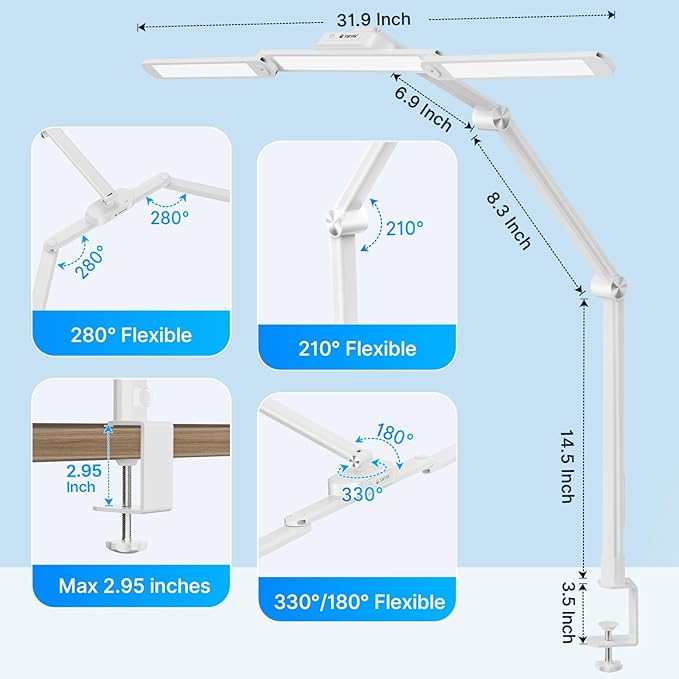 Syrinx Desk Lamp with Gesture Sensor Switch and Remote Control, 24W Bright LED Desk Lamps for Home Office with 50 Light Modes Adjustable Desk Lamp with Clamp for Tables Up to 2.95 inches Thick