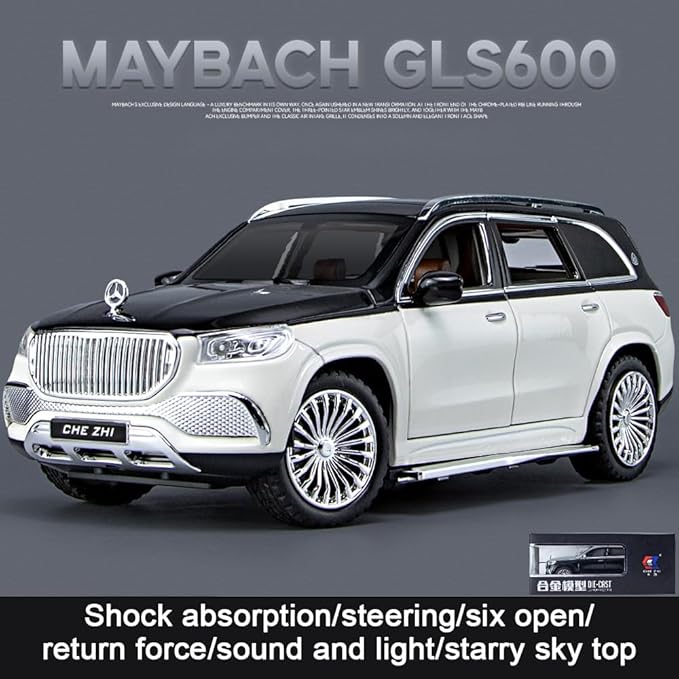 EROCK 1:24 Benz Toy car, Benz Maybach GLS600 Alloy car Model Toys, with Sound and Light Function, Suitable for Adults and Children as Gifts, Collectibles, Decorations. (White Black-GLS600)