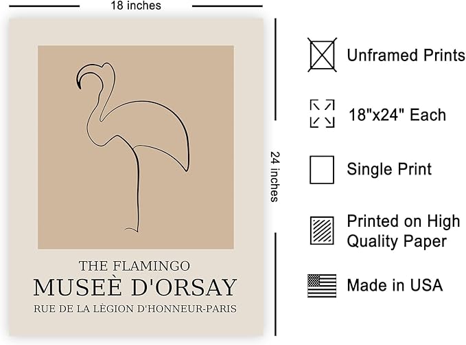 Poster Master Vintage Poster - Retro Minimalist Print - Gift for Artist, Housewarming - Flamingo, Line Drawing, Sketch, Abstract - Wall Decor for Living Room, Bedroom, 18x24 Unframed Wall Art