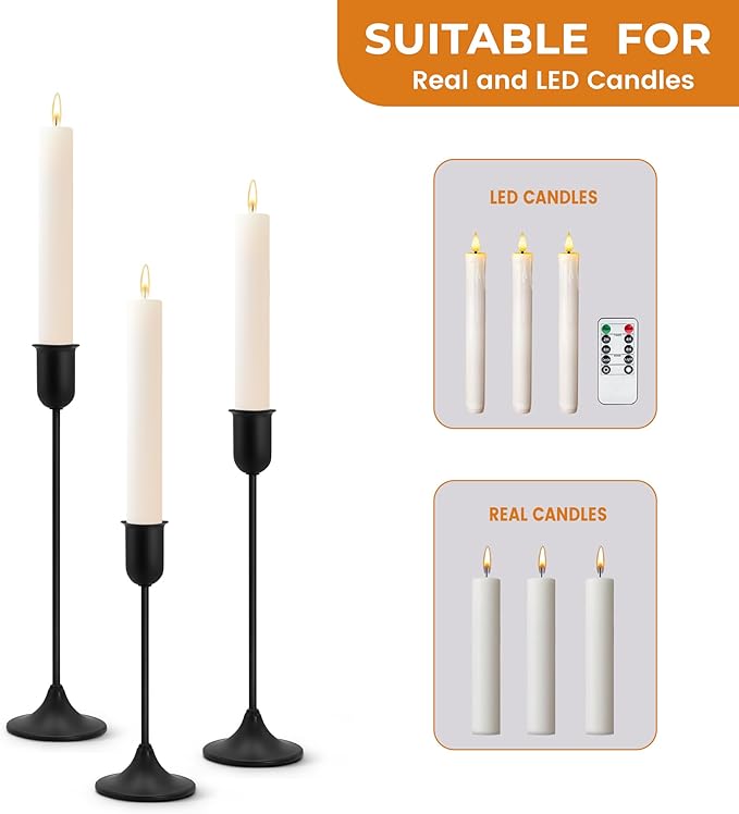 Candle Holder - 3 PCS Candlestick Holders - Vintage Candle Stick Holder - Modern Decorative Centerpiece - Cozy Atmosphere Gift for Home Decor, Wedding, Halloween Party - Black Taper