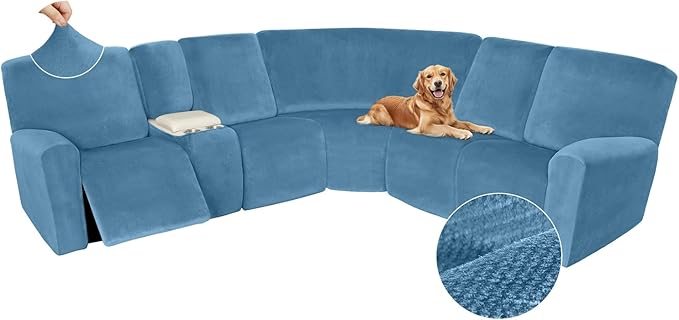 Arfntevss Sectional Recliner Couch Covers Velvet Washable Corner Sectional Sofa Cover for Reclining Stretch Soft Thick L Shape Recliner Slipcover Set (5 Seat with 1 Console Cover, Light Blue)