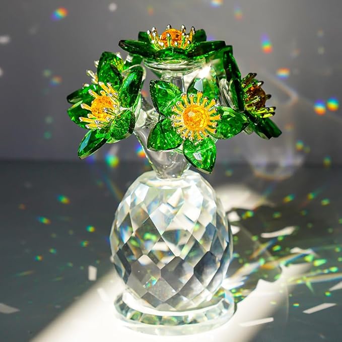 Handcrafted Green Crystal Flower Figurine Christmas Home Decor Elegant Tabletop Centerpiece for Office Desk Unique Gift for Women Mom Wife