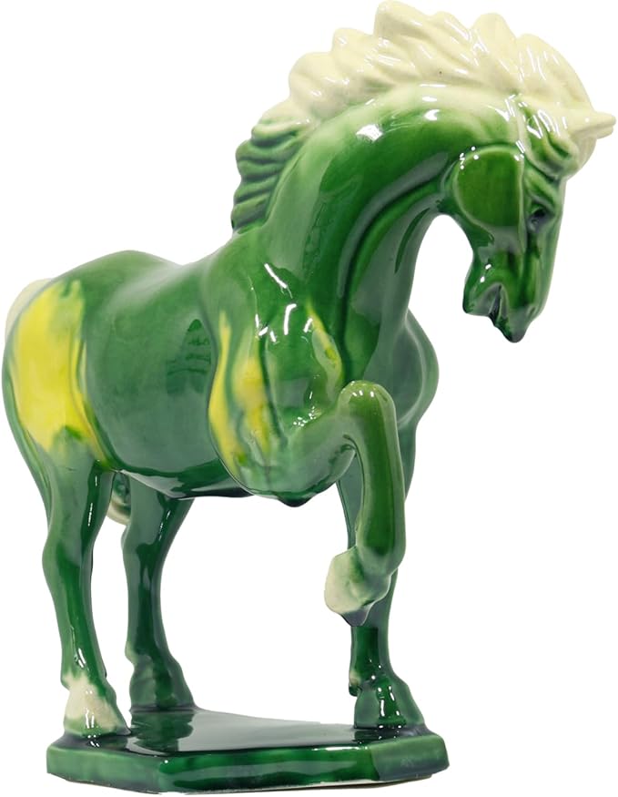 Ceramic Horse Sculpture -8 inch Hand Made Tang Tri-Color Cultural Art Piece,Museum Collection Inspired Home and Office Decor (Green)
