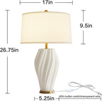 Plug in White Large Ceramic Table Lamps 26.75In, Modern Textured Table Lamp Decorative for Living Room Bedroom Nightstand Bedside Office Desk