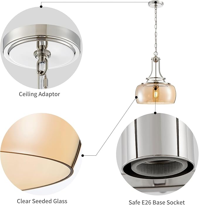 WUZUPS Nickel Chandelier Rustic Farmhouse Industrial Round Ceiling Pendant LED Light Fixture with Amber Glass Shade for Dining Room Kitchen Island Foyer Entryway, H 17" W 13.4", E26 Base