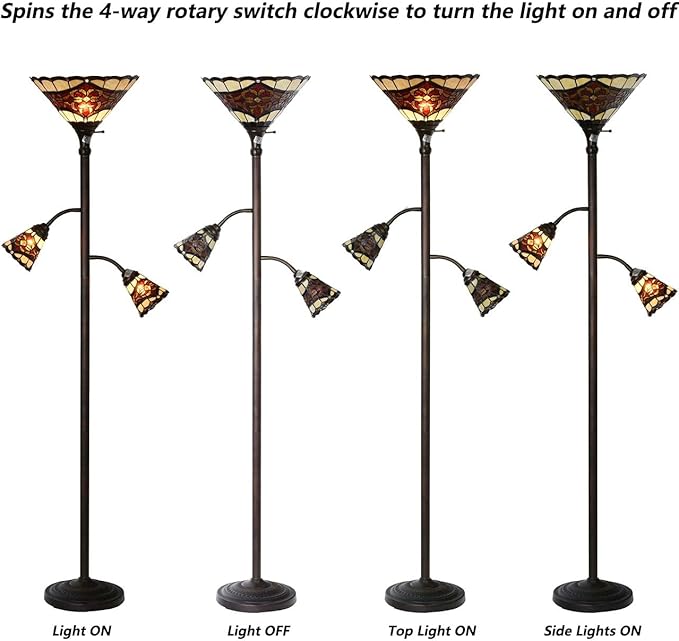 Bieye L10868 Tiffany Style Stained Glass 3-Light Torchiere Floor Lamp with Sidelights for Reading, 70-inches Tall (Baroque, Red)