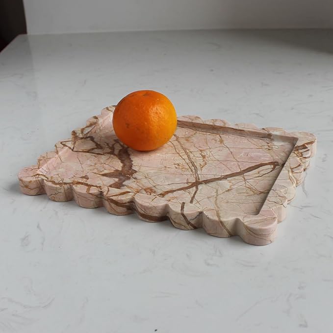 Natural Luxury Scalloped Marble Tray 10.8"x8", Rectangle Vanity Tray for Bathroom Kitchen Counter, Decorative Tray for Dresser Home Decor (Pink Marble)