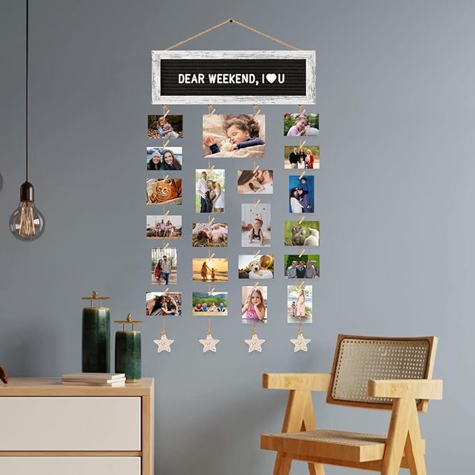 Picture Frames Collage Wall Decor Photo Frames Collage for Wall Decor, Rustic Felt Letter Board with 340 Letters and 30 Clips, Unique DIY Picture Frame Photo Organizer, Gifts for Teen Girls