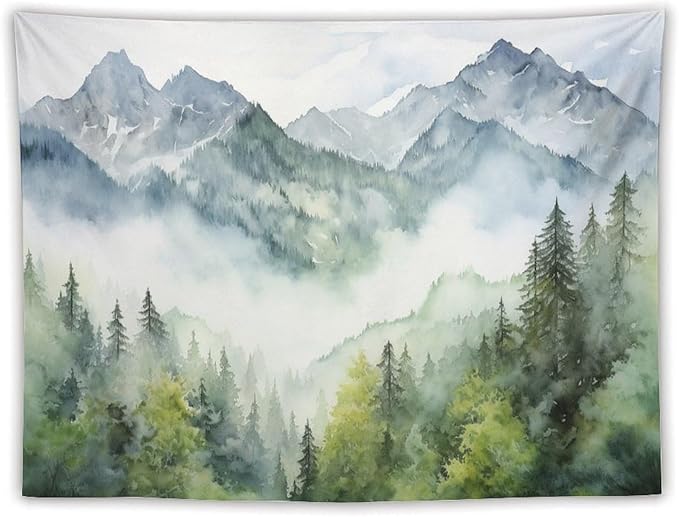 HZOHNAGO Mountain Tapestry Misty Green Forest Mountain Pattern Printed Wall Tapestry Wall Hanging for Bedroom Living Room Dorm 80" W x 60" H