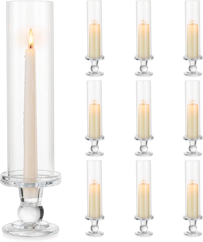 Hurricane Glass Taper Candle Holder: 10pc Tall Hurricane Candle Holders for Home, Clear Tapered Candlestick Holders with Open Ended Glass Sleeve Candle Stick Holders for Table Centerpieces