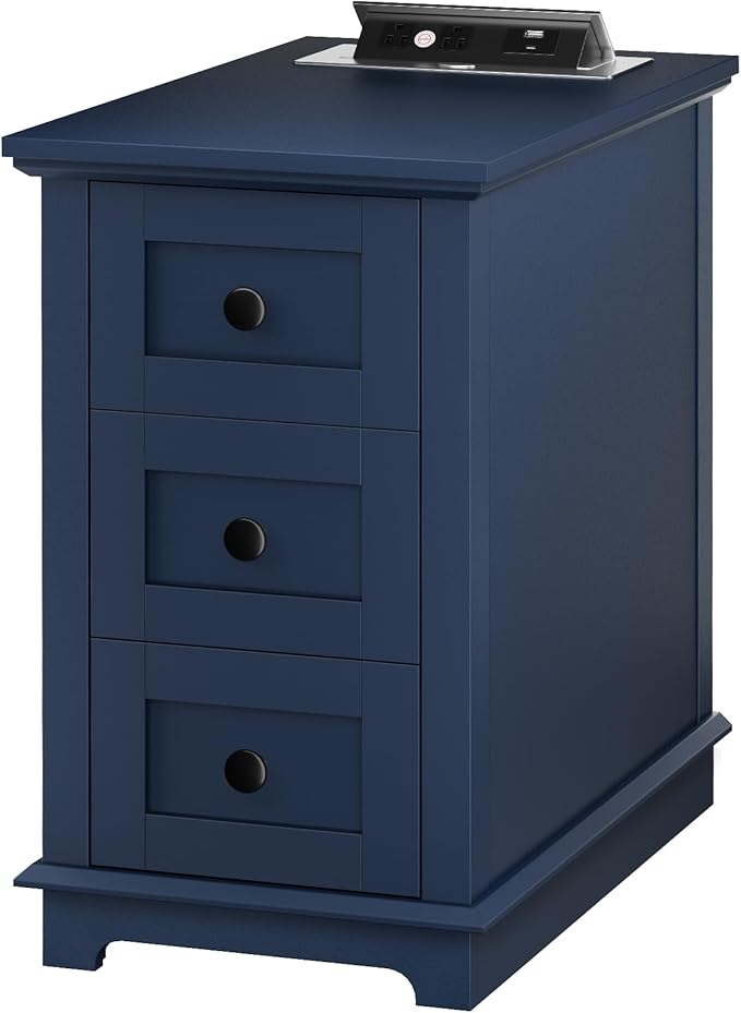 HIFYOBRO 3 Drawers End Table with Flip Top Charging Station, Narrow Side Table with Power outlets, Wooden Nightstand, End Table with Storage for Living Room and Bedroom