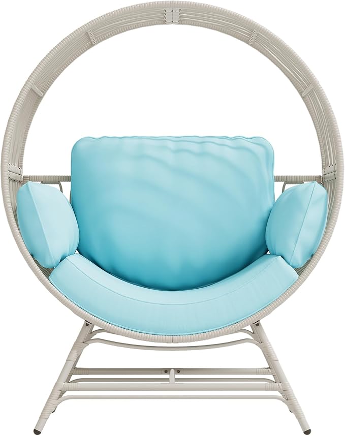 Egg Chair Outdoor Indoor, Oversized Rattan Chair with Thicken Cushion, 350LBS Capacity Wicker Patio Lounge Chair, Basket Chair for Living Room Balcony Porch Backyard, Blue
