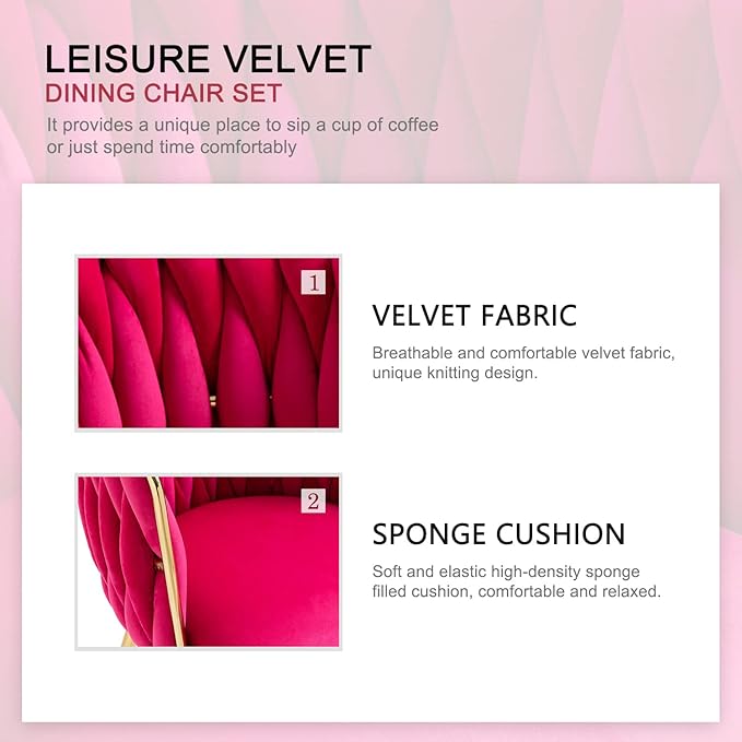 Nrizc Woven Dining Chairs Set of 2, Velvet Upholstered Dining Chairs with Gold Metal Legs, Modern Accent Chairs for Living Room, Dining Room, Kitchen (Rose Red)