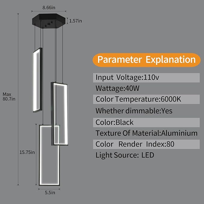 Modern Kitchen Pendant Light Fixture Black 40W LED Pendant Lighting 3 Rings Rectangle Chandelier for Kitchen Island Living Room Dining Room Bedroom