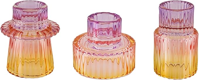 Double Sided Vintage Ribbed Taper Glass Candle Holders,Tea Candle Holder for Table Centerpieces, Wedding Decorations and Dinner Parties (Purple-Pink-Yellow, 3 PCS)