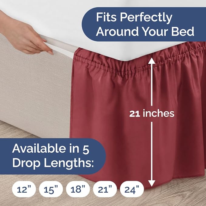 Wrap Around Dust Ruffle Bed Skirt - Burgundy - for Full Size Beds with 21 Inch Drop - Easy Fit Elastic Strap - Adjustable Pleated Bedskirt w/Brushed Fabric Wrinkle Free - for Women, Men, Kids & Teens