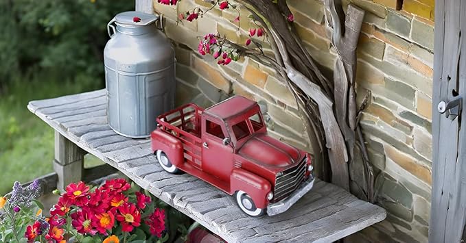 Metal Truck Decor,Farmhouse Truck Decor,Decorative Tabletop Storage & Pick-up Metal Truck Planter, 12.5" x 5.75" x 6.25" inches (Red)