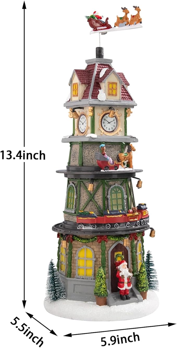 Christmas Collectible Buildings - LED Lit Bell Tower, Musical Village Houses with USB Indoor Display Figurines