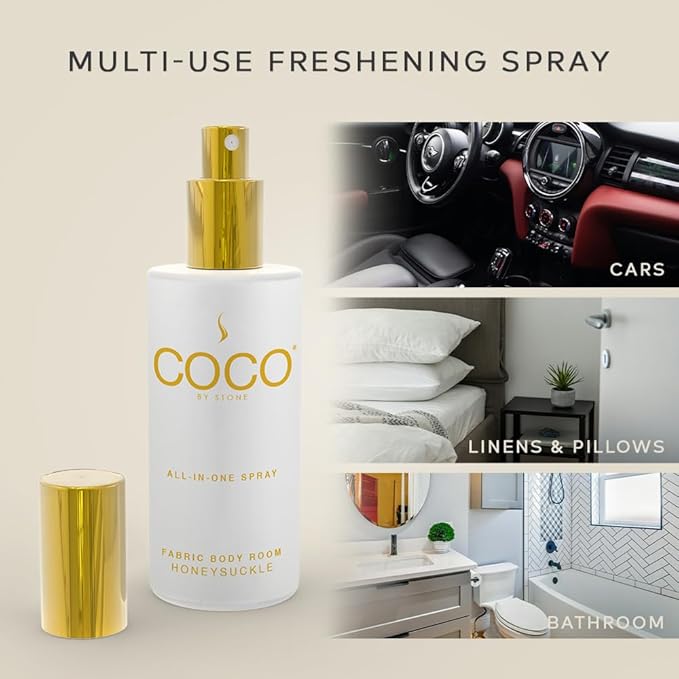 COCO by Stone 5oz All-in-One Spray (Honeysuckle) Shake & Spray Formula for Fabric, Pillows, Interiors, Clothing, Home Fragrance Accessories, Room Perfume, Room Deodorizer, Vegan & Cruelty-Free