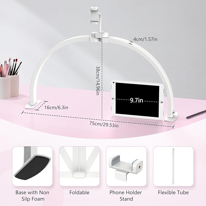 Yokilly Half Moon Light for Nail Desk: 29" Foldable Half Moon Desk Lamp with Phone Holder for Beginner - Arch Nail Tech Light with 3 Color Modes & 10 Brightness for Manicure Salon (White, Large)