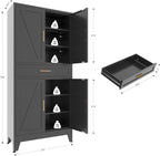 71 "Farmhouse Metal Filing Cabinet with a Drawer and 4 Adjustable Shelves, with 4 Large barn Door White Kitchen Cabinets, Metal Food Cabinets for Home, Kitchen, Dining/Living Room (Black)