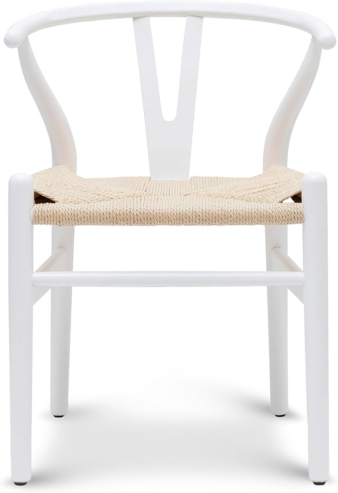 POLY & BARK Weave Dining Chair – Mid-Century Modern Wishbone Dining Chair with Arms, Solid Wood Frame, Indoor Use – White – Single - Ideal for Dining Room, Kitchen or Stylish Accent Setting