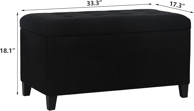 Asense Storage Ottoman Bench, Tufted Fabric Upholstered End of Bed Bench with Safety Hinge Wooden Legs, for Entryway Bedroom (Cotton and Linen Black, 33.3")