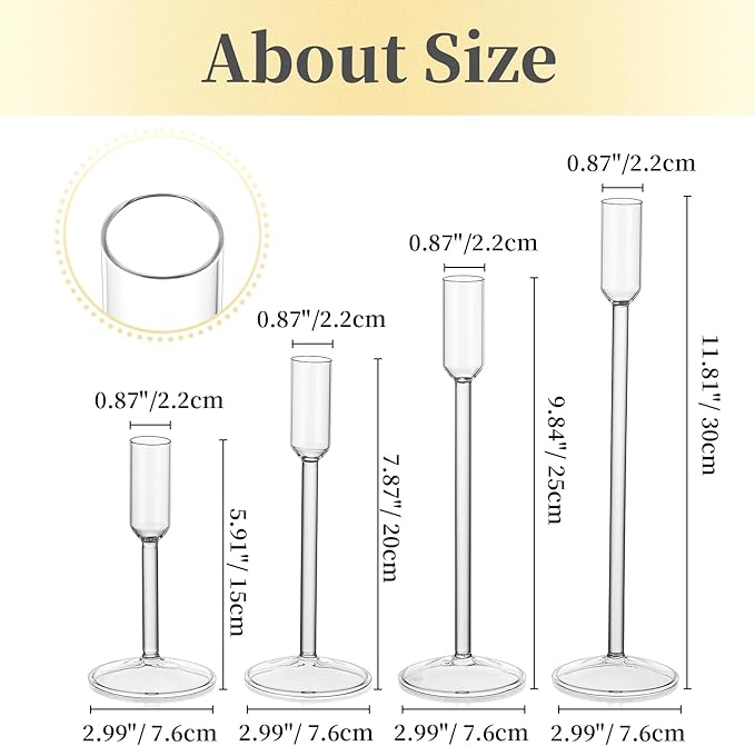 Hewory Glass Taper Candlestick Holders: Taper Candle Holders 4Pcs Glass Candle Stick Candle Holder, Clear Tall Candle Holders for Dinner Table Centerpiece Wedding Christmas Holiday Party Decorations