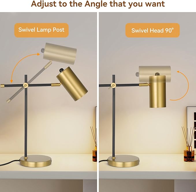 Modern Black and Gold Desk Lamp, Minimalist Industrial Table Lamp with Swing Arm, Gold and Black, for Study Room Home Office Bedroom Bedside Nightstand