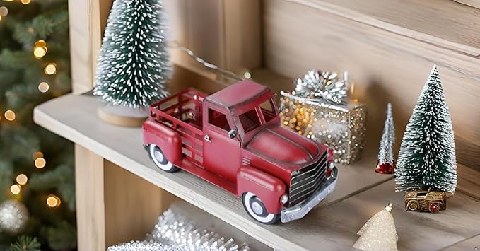 Metal Truck Decor,Farmhouse Truck Decor,Decorative Tabletop Storage & Pick-up Metal Truck Planter, 12.5" x 5.75" x 6.25" inches (Red)