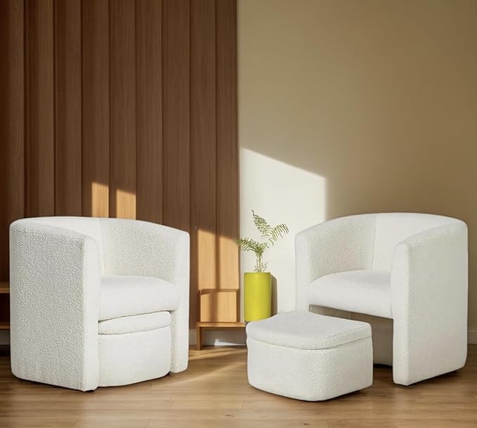 Mid-Century Velvet Living Room Chair Set of 2 with Storage Ottoman, Space-Saving Accent Chairs for Bedroom/Reading Spaces/Office, Cream