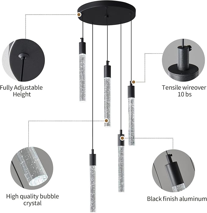 Modern Light Fixture Kitchen Island Pendant Light Dimmable LED Black Pendant Lights Mini Crystal Pendant Lighting for Bedroom Dining Room Living Room（5-Light ）