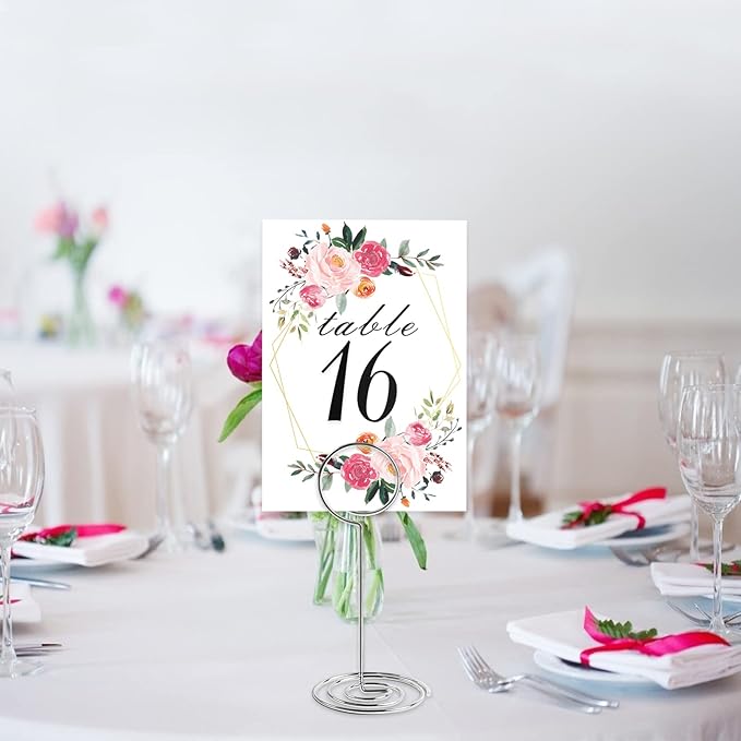 26 PCS Table Number Holder - Table Card Holder Stand Wire Photo Holder with 26 Pcs Floral Table Number Cards, Place Card Holder Stand for Weddings Party Office Paper Memo Menu Note Clips
