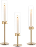 Gold Hurricane Candle Holders Set of 3, Tall Metal & Windproof Glass Taper Candle Holders, Outdoor/Indoor Table Centerpieces for Weddings, Christmas, Parties, Fireplace Decor