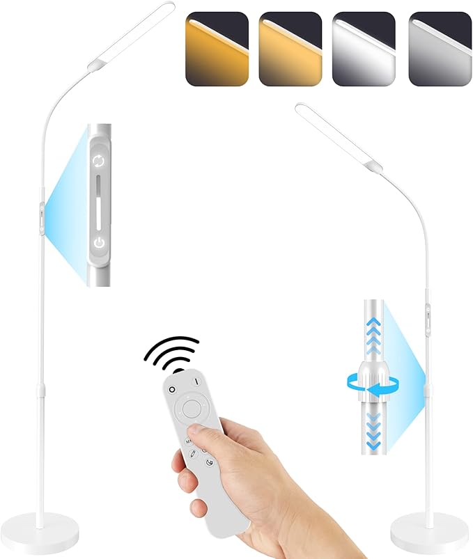 NXONE Led Floor Lamp,Modern Reading Adjustable Standing Height 4 Colors and Stepless Brightness Work Lamp for Living Room Bedroom Reading, White