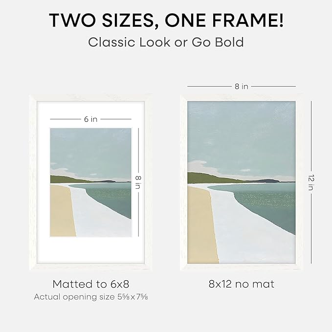 Homeforia 8x12 Picture Frame White, High End Oak 8 x 12 Wood Frames with Mat 6 by 8 Print, 8by12 Wooden Frame Matted to 6x8 inch Photo, 12x8 Wall or Tabletop Frames, Tempered Glass, Wall Kit, Set of 1