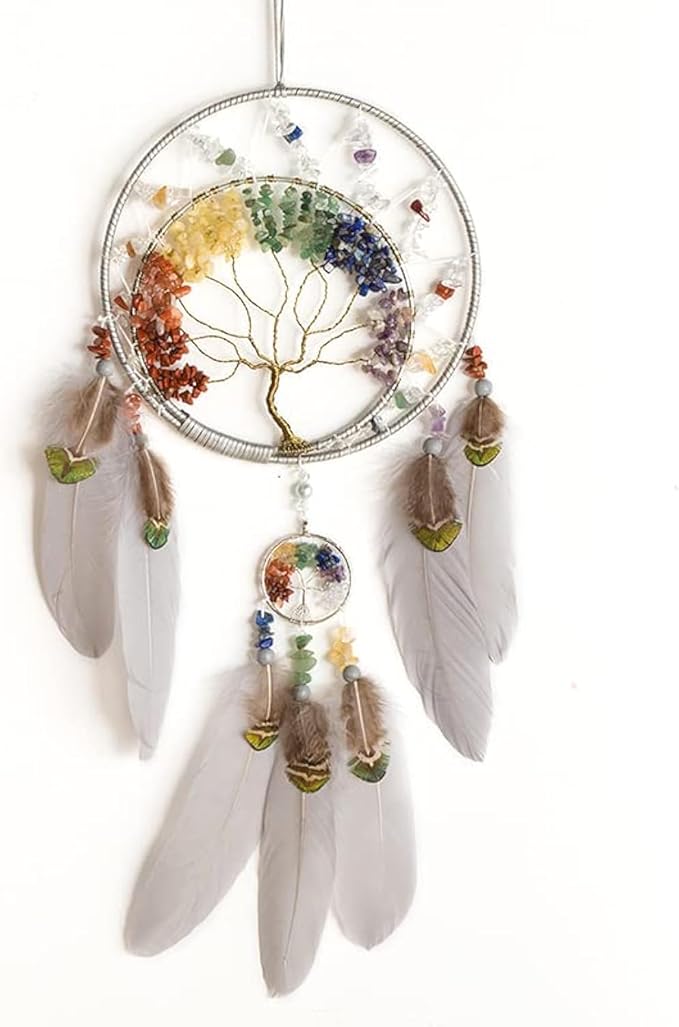 7 Chakras Tree of Life Dream Catcher Wall Decor with Rainbow Healing Crystal Stone Handmade Gray Feather DreamCatchers Wall Hanging Ornaments for Bedroom Home Decor Blessing Gift Wedding Party-23.6"